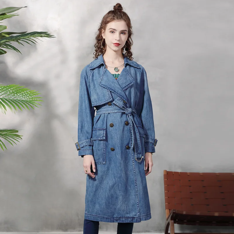 Primavera otoño medio largo Denim rompevientos mujeres estilo británico manga larga doble botonadura hebilla azul gabardina ZLX001