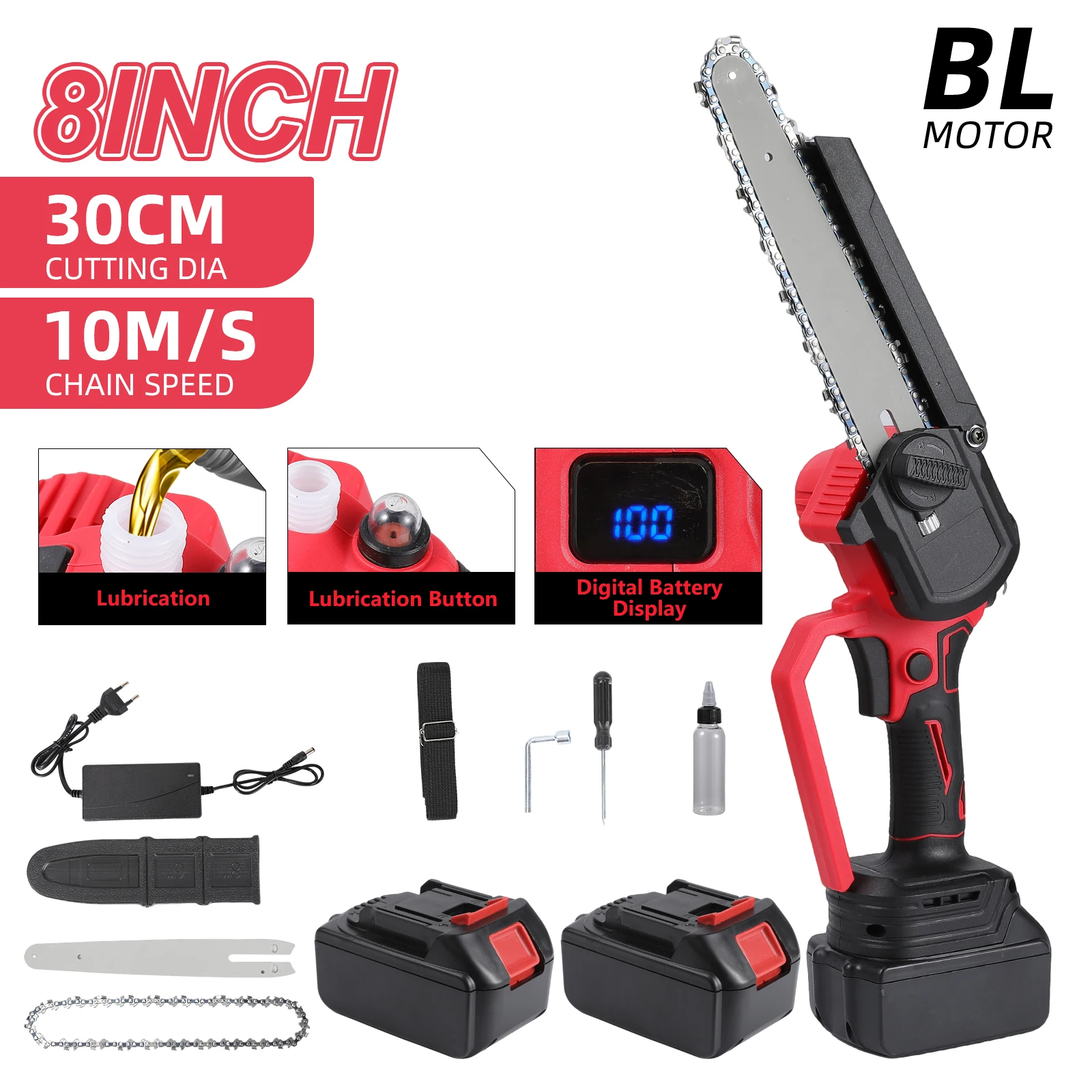 21V Bürstenlose Akku-Mini-Kettensäge 1000W 45000 U/min 8-Zoll-Schwert Doppelte 10×1300mAh Akkus EU-Stecker-Ladegerät Druckknopf-Ölzufuhr für Astschnitt und Holzschneiden