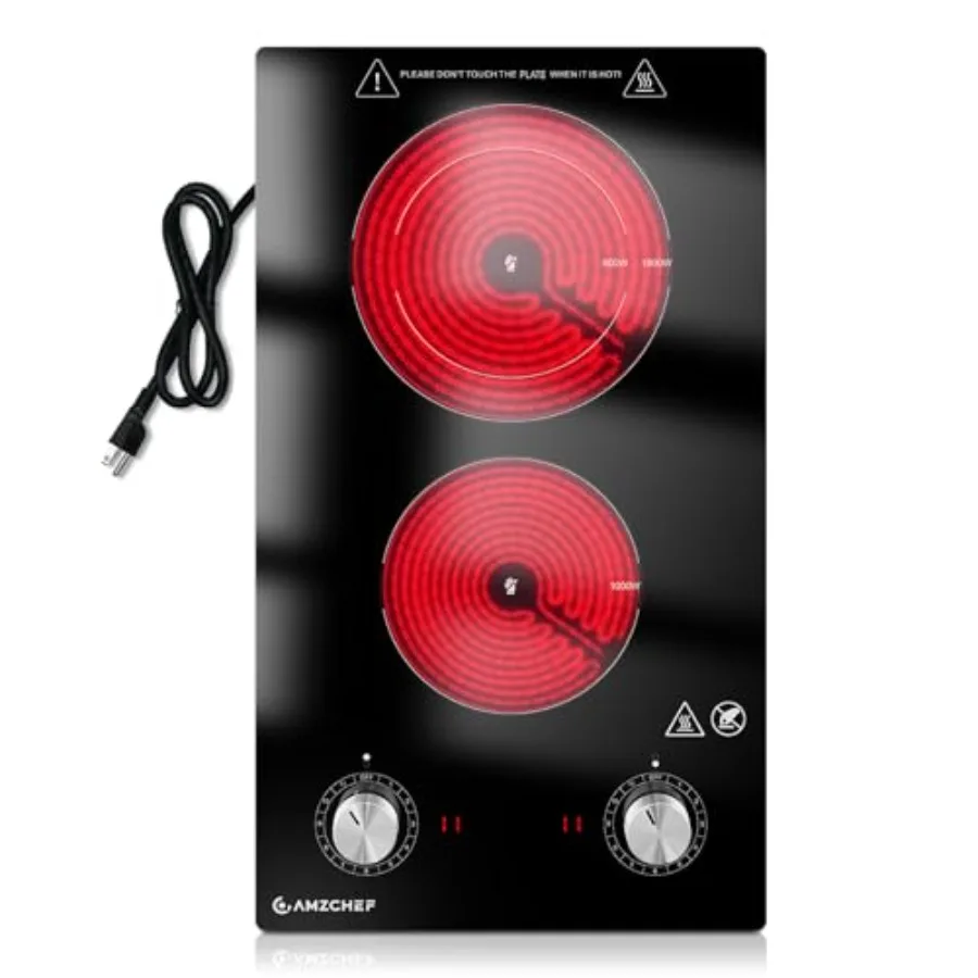 

Countertop built-in 12-inch 2-burner electric cooktop radiant heating black glass 1800W power with 11-level knob control and re