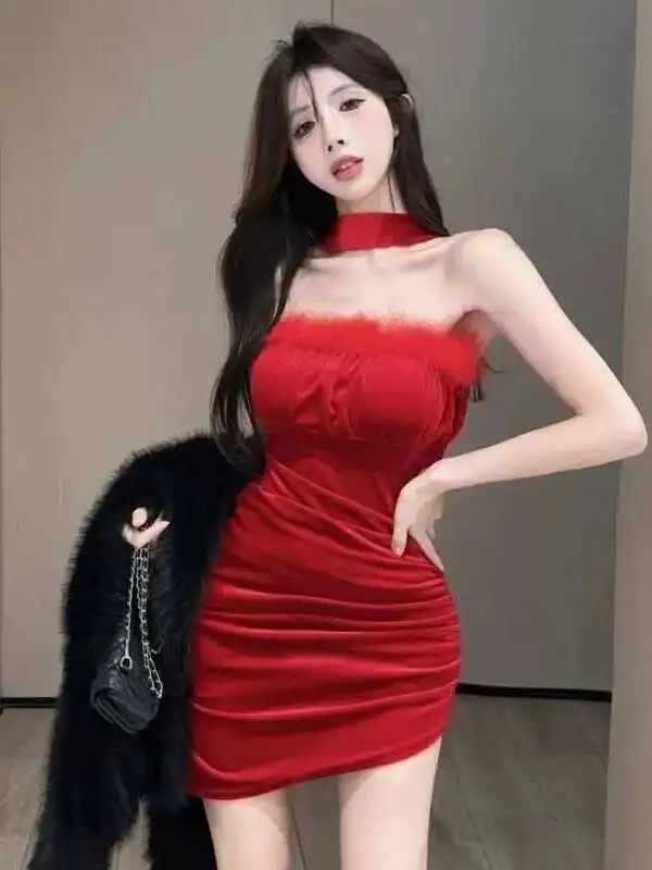 حار 2024 الصيف فتاة حمالة الفراء المرقعة الصلبة مثير فستان محكم التفصيل المرأة Cinching الخصر التفاف الورك سليم فستان قصير TUHH