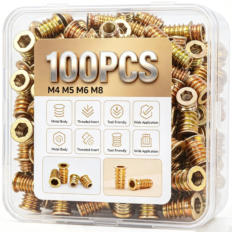Image of 20/100 Stück Gewindeeinsatzmuttern E-Mutter M4 M5 M6 M8 Set für Holzmöbel, Bett, Schrank, Tisch, eingebetteter Sechskant-Inbusschraubenkopf