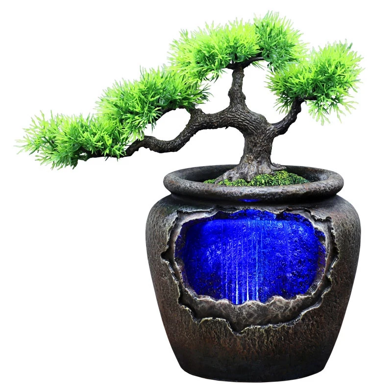 Creative Indoor Flower Pot Flowing Water Waterfall Statue Feng Shui 7-Color Led Change Home Garden Crafts EU Plug