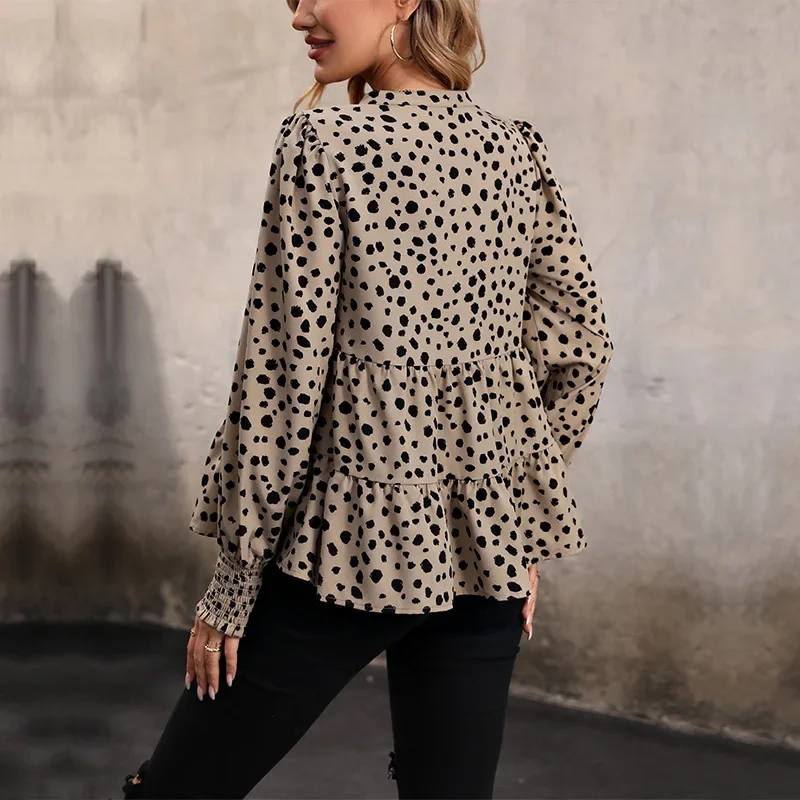 Blusa de manga larga con estampado de leopardo para mujer, camisa elegante con volantes y cuello en V, Tops a la moda