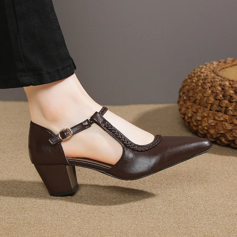 

High Heels Sandals Pointed Toe Shallow Buckle Heeled Woman Shoes 2026 Trend Spring/Summer Retro Woven Hollow Chunky Single Shoes