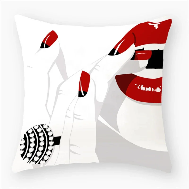 Girl Red Lips Stripe Decorative Polyester Throw Pillow Cover Bedside Cushion Pillowcase Sofa Decoration Pillowcover 45X45CM