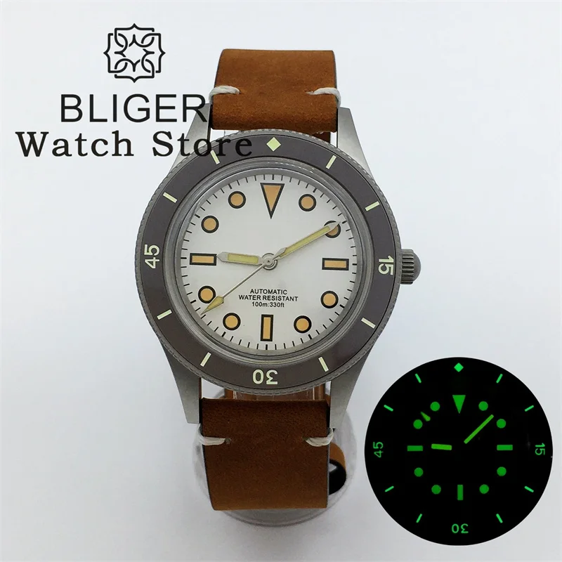 BLIGER Super C3 Lume Bezel Mark 40mm 50 FATHOMS Vintage Mechanical Diver Watch Men NH35A Domed Sapphire Glass  Sandblast Case