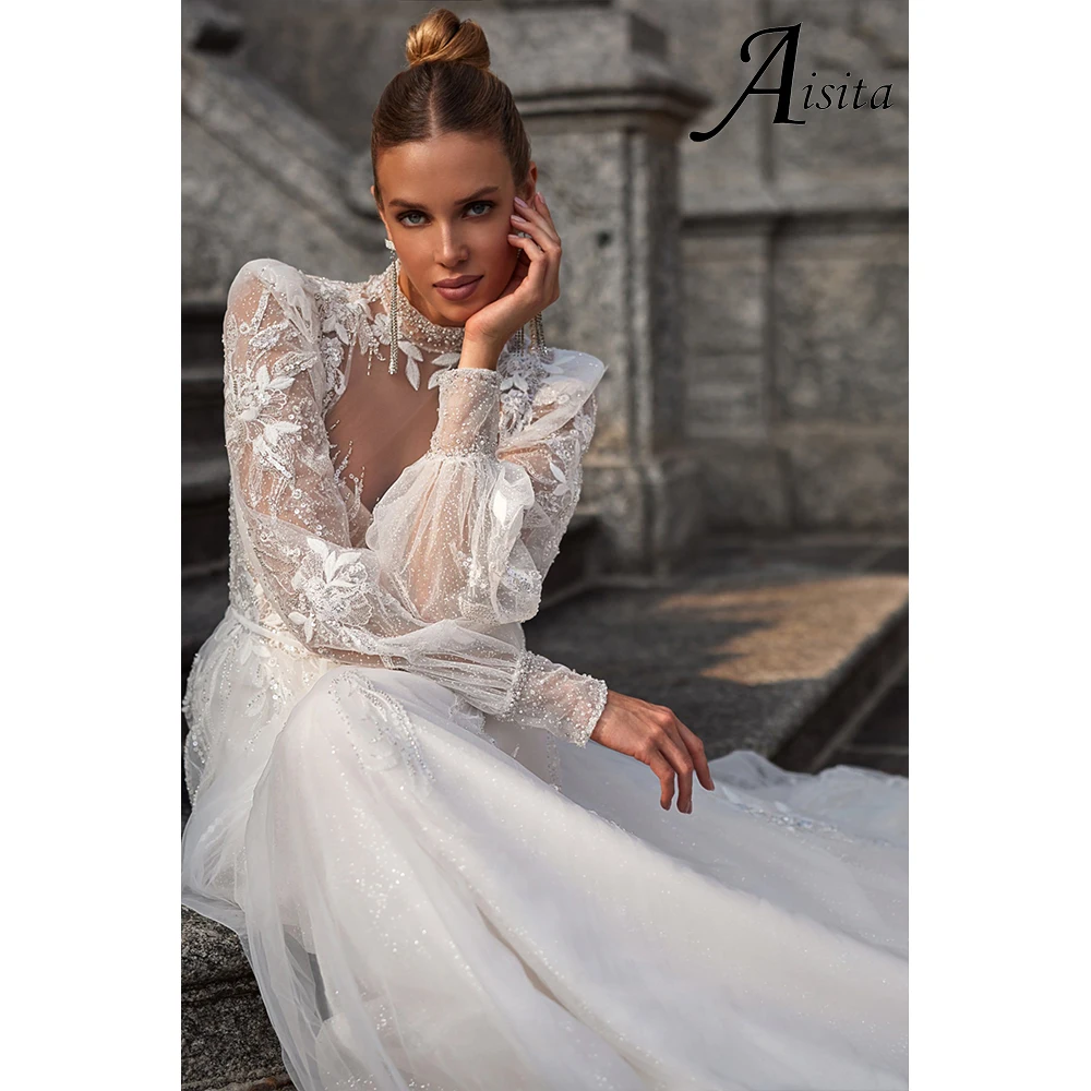 Sparkling A-line Wedding Dresses High Neck Bride Dresses Puffed Sleeves Beads Pearls Wedding Dresses For Woman Dresses Vestidos