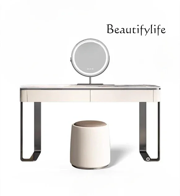 

z.Italian modern simple bedroom dresser stainless steel solid wood rock slab makeup table