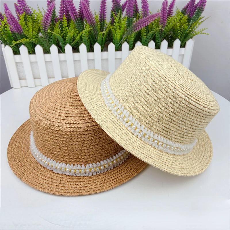 

Designer Brand Straw Braided Flat Top Sun Hat Lace Pearl Pearl Grass кепка Sunscreen Travel Women's Style Small Fragrance Style