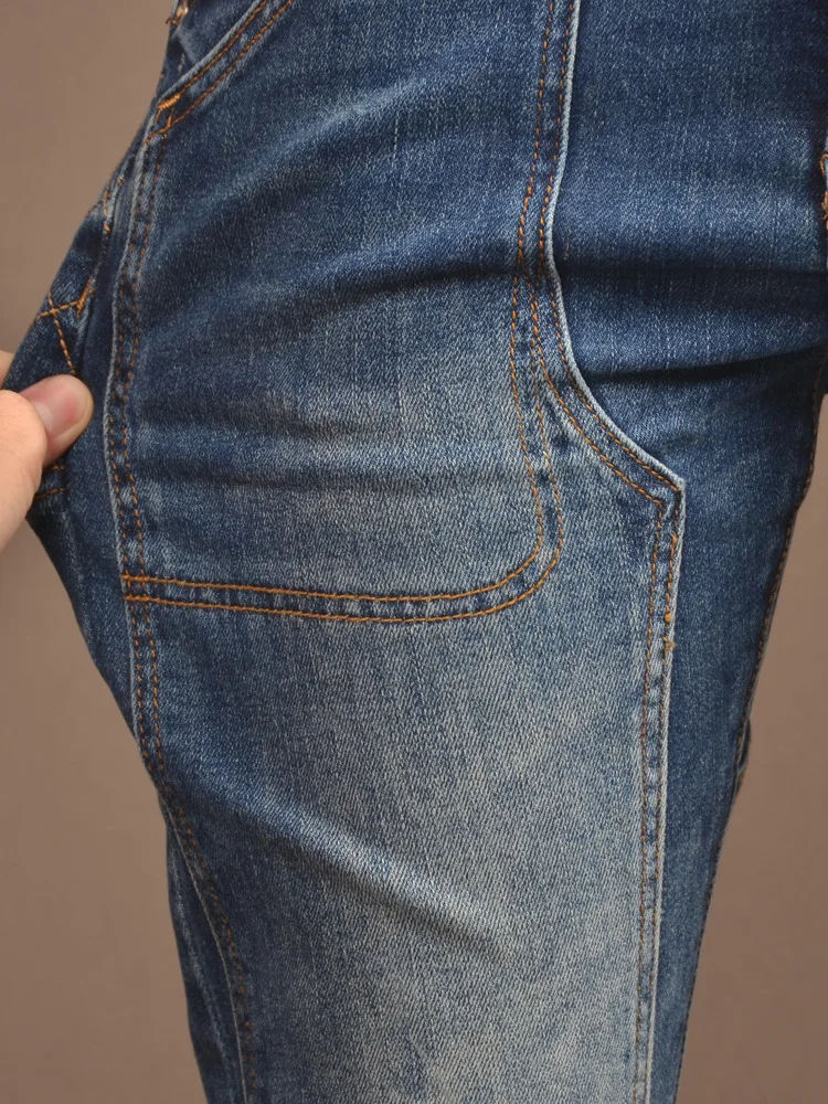 Stitching Motorcycle Jeans Men's Stretch Slim Fit Skinny High Street American Ruan Handsome Washed Retro Men's Pants