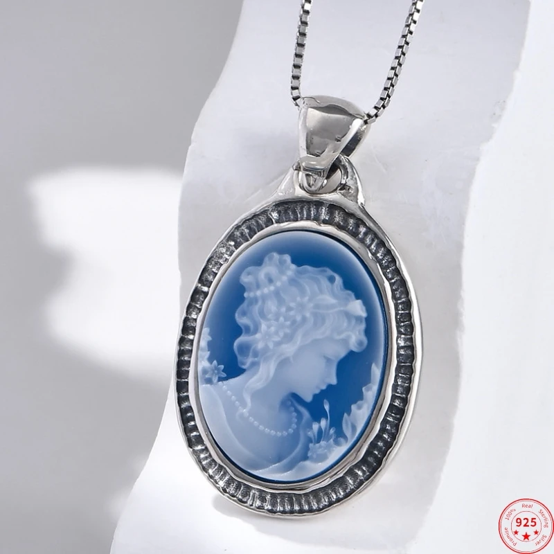 

S925 Sterling Silver Pendant for Women Men New Fashion Blue Agate Beauty Head Sculpture Embossed Oval Jewelry Free Shipping