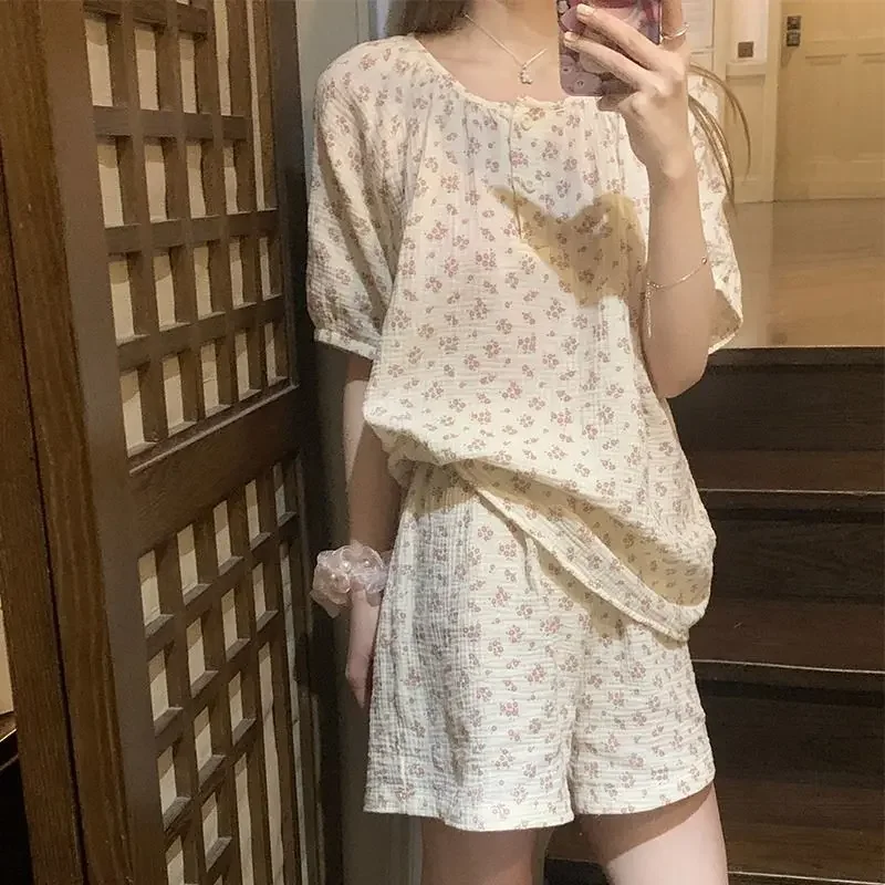 Floral Sleepwear Summer Women Pajamas Shorts Sets Korean Style Pijama Loungewear Two Piece Set Night Wear Button Home Suit 2024