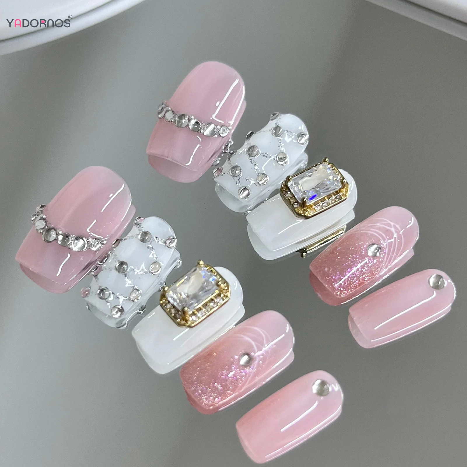 Uñas postizas de bailarina hechas a mano, Uñas postizas con diamantes de imitación, cobertura completa, Cabeza Cuadrada, manicura, 10 piezas