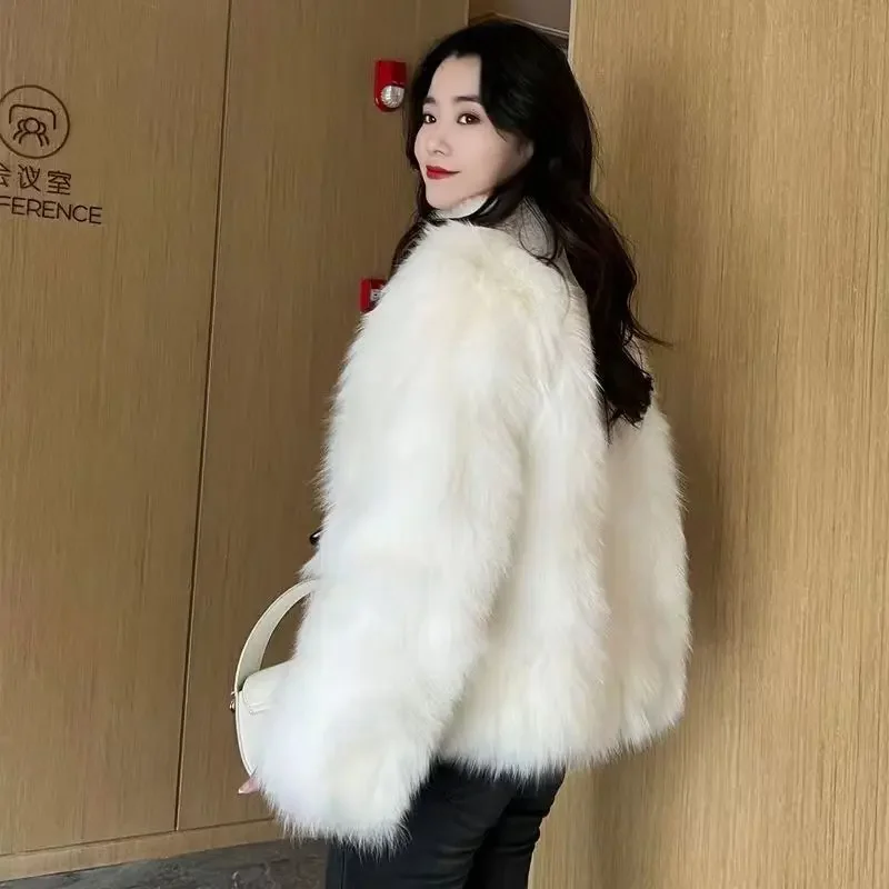 2023 New Winter Warm Faux Fox Fur Coat Women Stand Collar Pearl Button Artificial Fur Jacket Fashion Overcoat  Femme Outwear