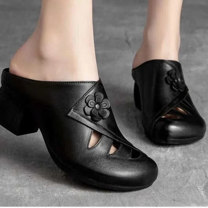 

Classic Retro Closed Toe Slippers for Women 2025 Soft Mid-high Heels Summer Fashion Flower Sliding Black Women's Shoes Slippers