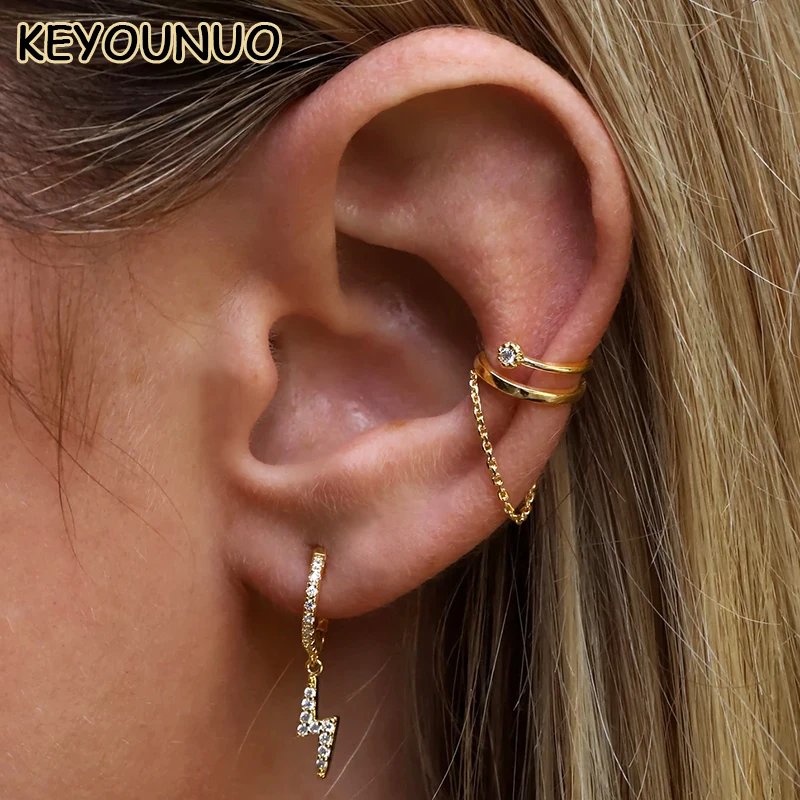 KEYOUNUO Gold Filled Silver Color Zircon Chain EarCuffs For Women Fake Piercing Women\'s Clip Earrings Fashion Jewelry Wholesale