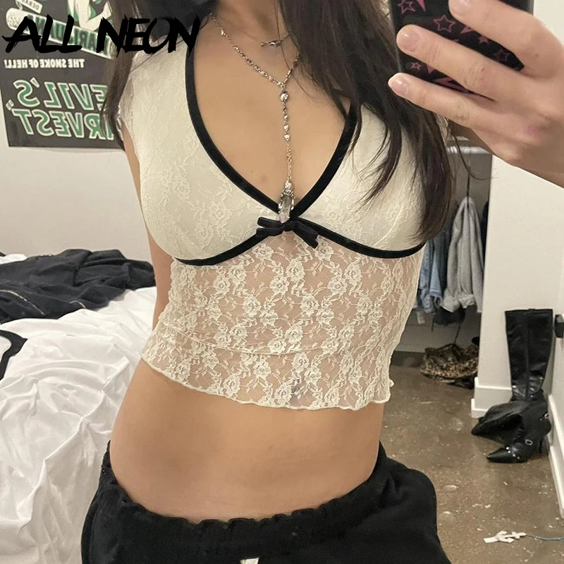 

ALLNeon Hotsweet See Through V-neck Slim T-shirts Fairy White Patchwork Lace Skinny Crop Tops 2000s Coquette Women Y2K T-shirt