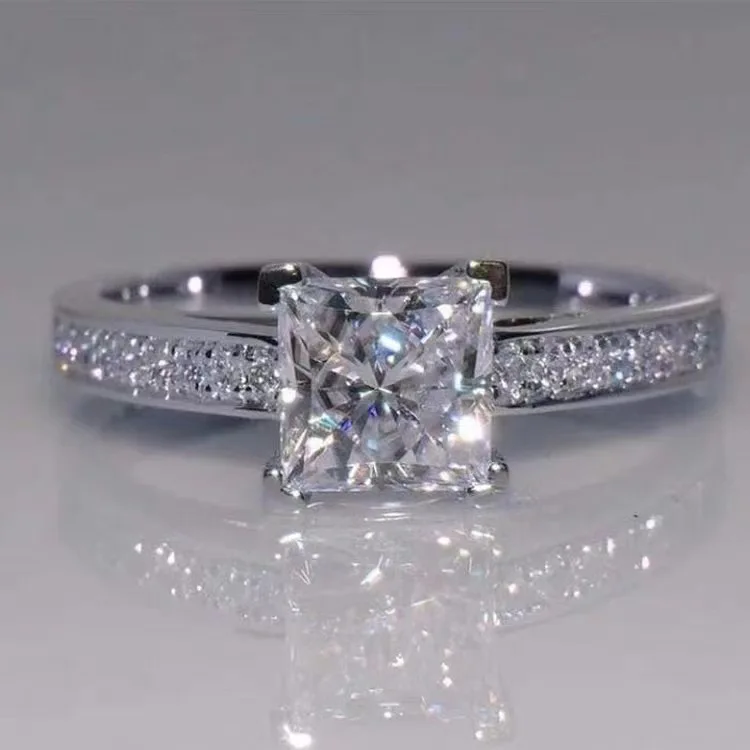 Square Four Claw Moissanite Ring in White Gold Tone Electroplated White Copper Minimalist Geometric Design Fresh Sweet Style for
