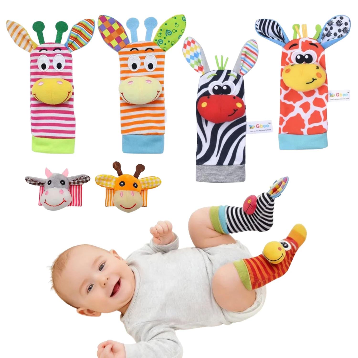 0～12ヶ月の赤ちゃん用ガラガラ靴下おもちゃ、新生児用漫画風ぬいぐるみ靴下、リストストラップ、足探しとリストガラガラおもちゃ