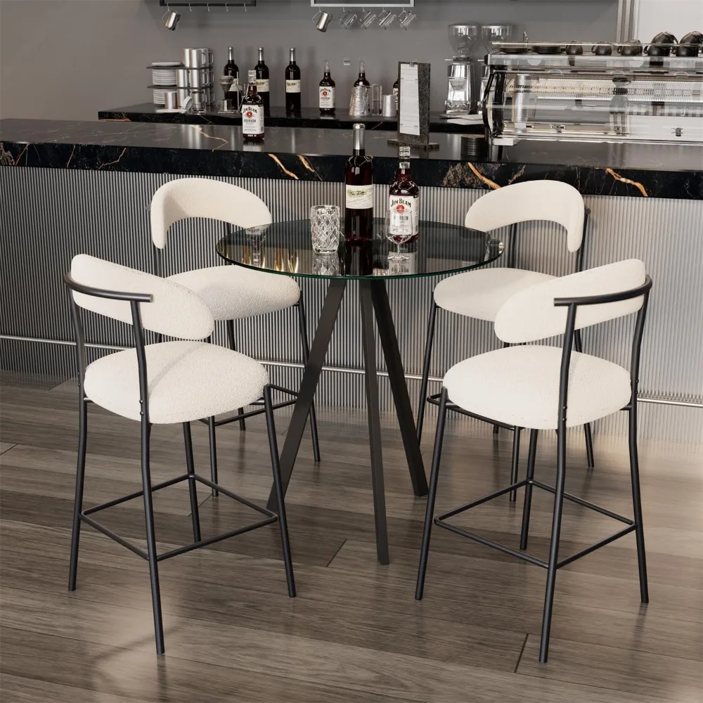 

Small Round High Top Bar Table Set for 4, Modern Round Pub Tall Table with Boucle Counter Height Padded Stools for Bar Dinning