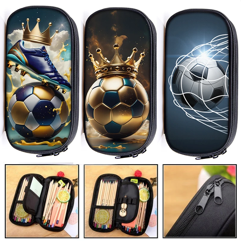 Cool Soccer with Golden Crown Print Cosmetic Case Pencil Bag Football Pencil Box School Supplies