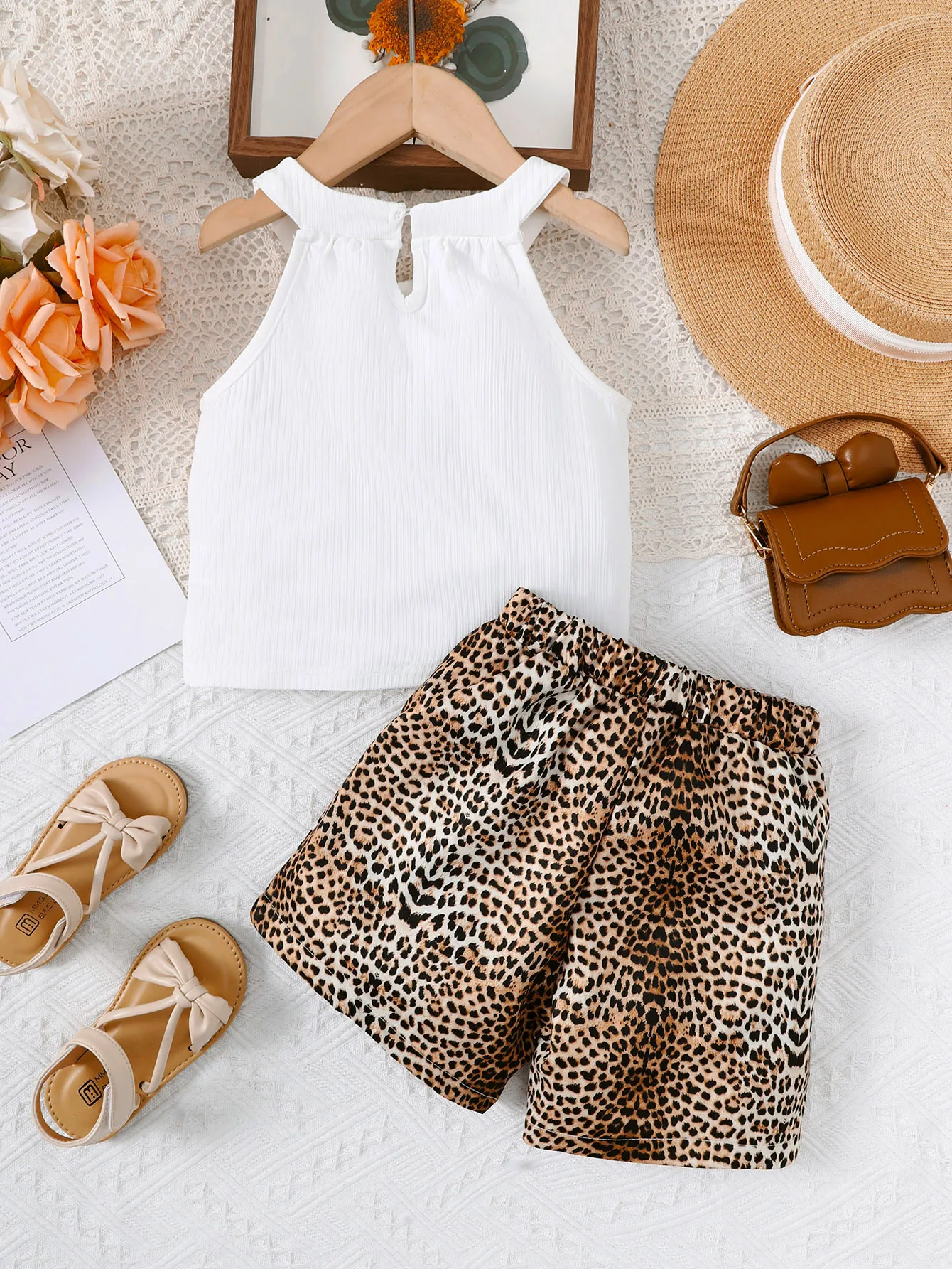 2PCS Summer Kid Girl Clothes Set Hanging Neck Sleeveless Heart Top+Leopard Shorts Fashion Sense of Outfit For Children 4-7 Years