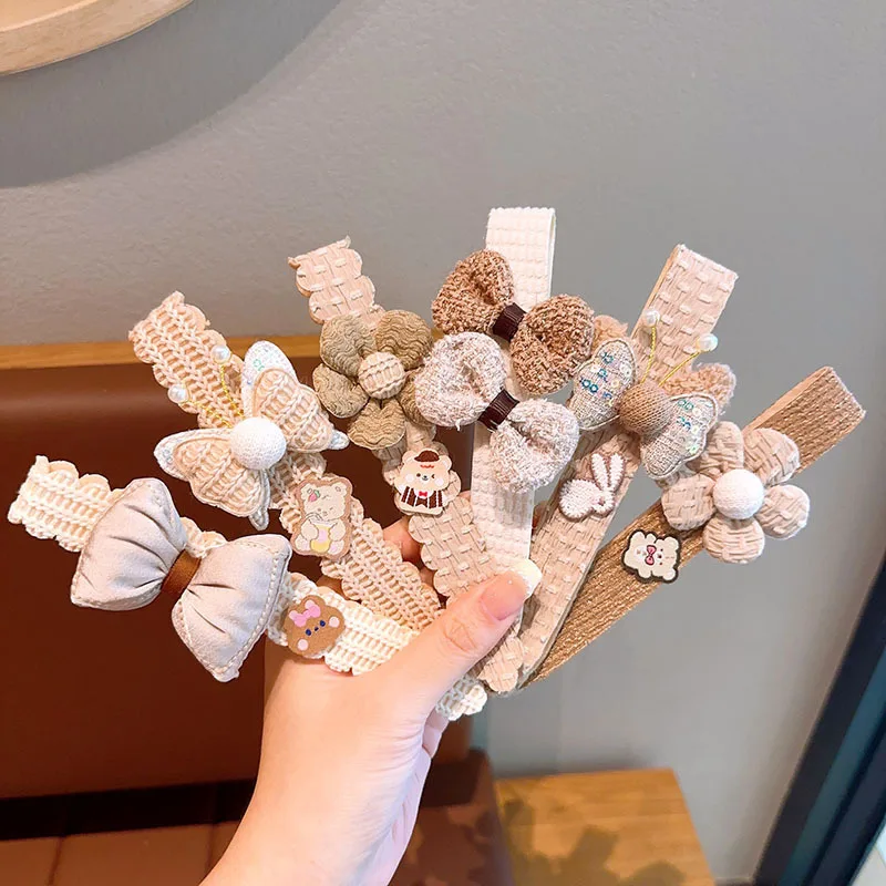 Cute Bear Floral Fabric Headband Neutral Milk Coffee Color Bow Hair Band Sweet Girls Daily Makeup Washing Hair Accessory