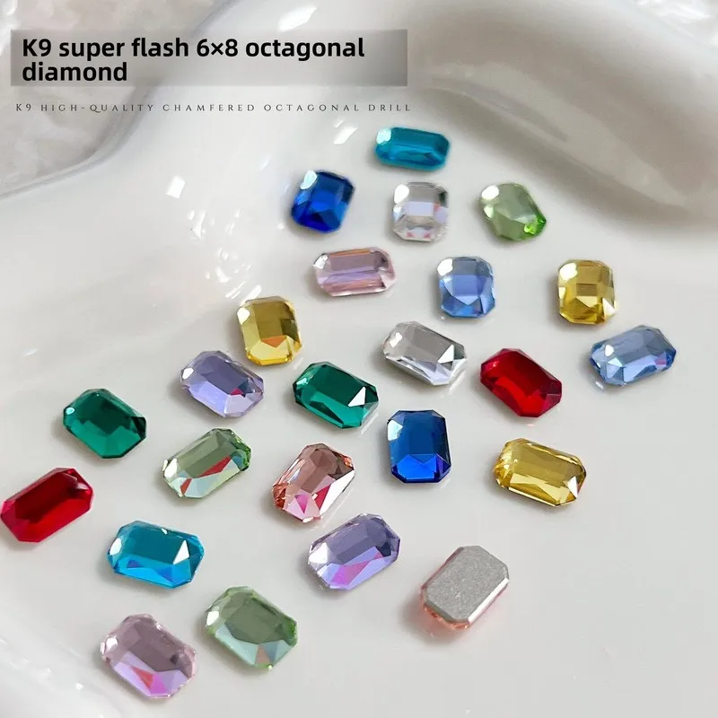 10pcs Super Shiny K9 Rectangular Octagon Nail Rhinestones High Quality Flat Back Square Candy Colorful Nail Diamonds Decoration