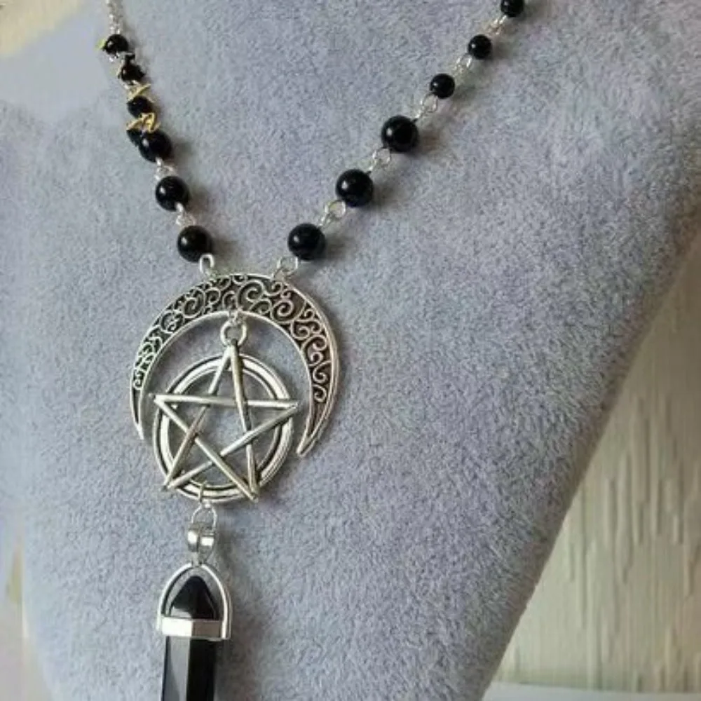 Neo-gothic Hollowed-out Pattern Crescent Moon Central Pentagram Crystal Column Pendant Bead Chain Necklace for Woman Men Jewelry