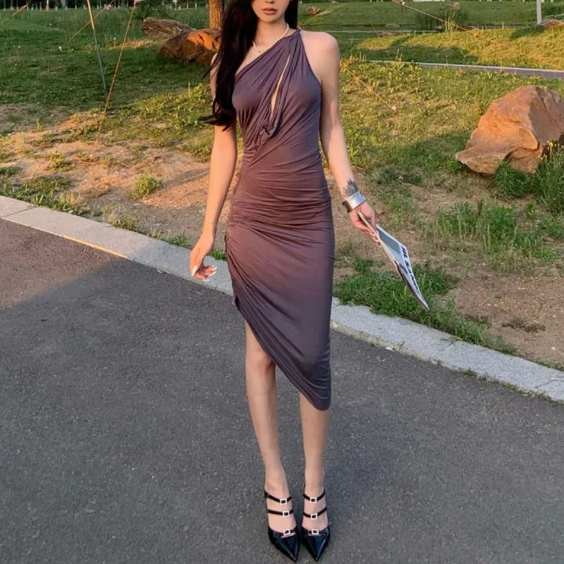 HKSH Summer New Women Tide Dress Solid Color Sheath Asymmetric Shoulder Slim Fit Sexy Elegant Stylish High Street Dresses HK8207