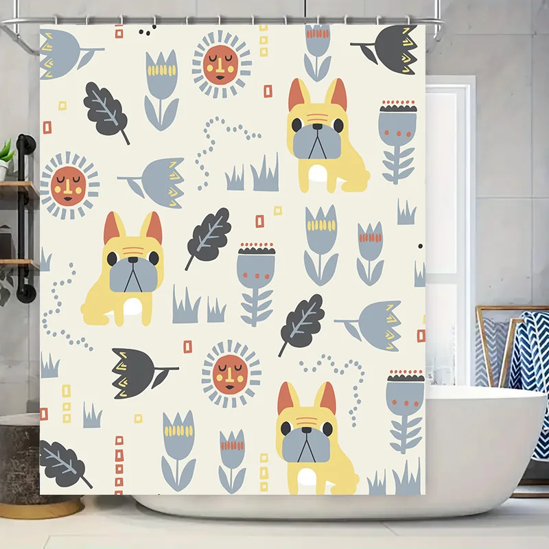 Brighten your bathroom with this whimsical dog shower curtain featuring a playful pattern of yellow dogs surrounded by bold flow