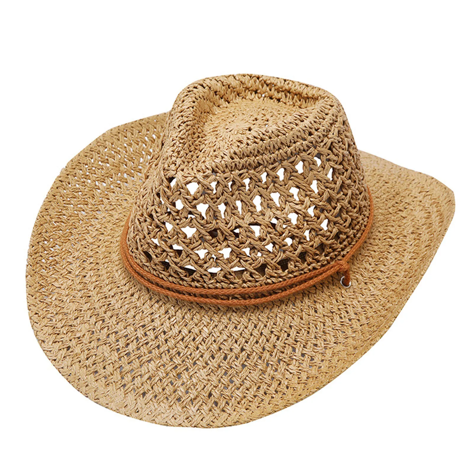 Straw Western Cowboy Hat for Women Men Classic Vintage Hollow Out Unisex Curled Wide Brim Sun Hat Fishing Hat Climbing Cap