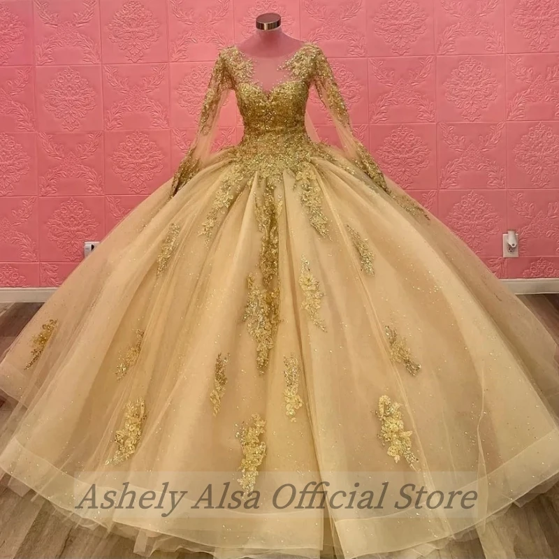 Arabic Gold Yellow Long Sleeve Prom Dresses O-Neck Lace Applique Ball Gown Birthday Party Dress Vestido De 15 16 Quinceanera