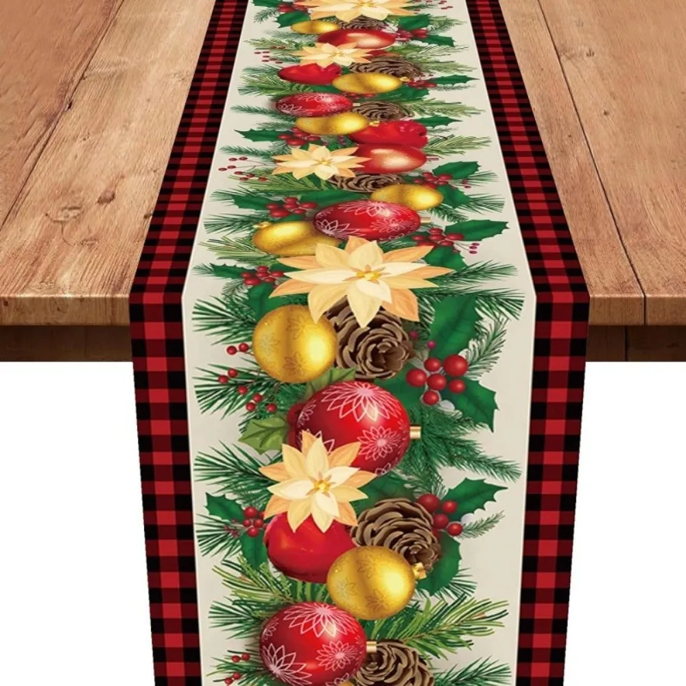 Poinsettia Flower Pattern Christmas Table Runner Long Length Linen Material Table Decor Cloth Rectangular Shape