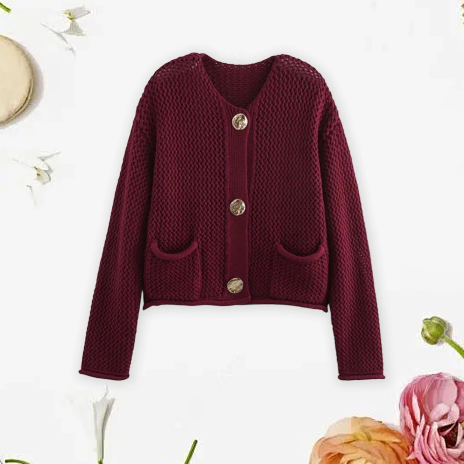 Cardigan de malha retrô para mulheres, moda cor sólida, manga comprida, solto, botão de metal, suéter curto