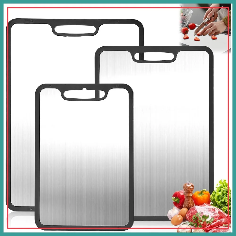 

3-Piece Titanium Cutting Board Set, Metal Chopping Boards for Kitchen & Camping, Non-Slip Silicone Edge, L+M+S