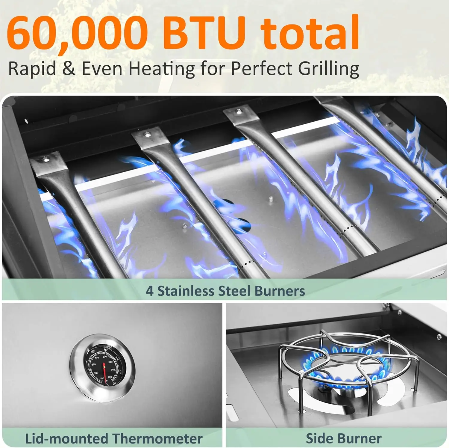 Propane Gas Grill 4 Burners with Side Burner, Stainless Steel Grill Cart with Wheels for Outdoor Patio Garden Backyard Cooking image 5