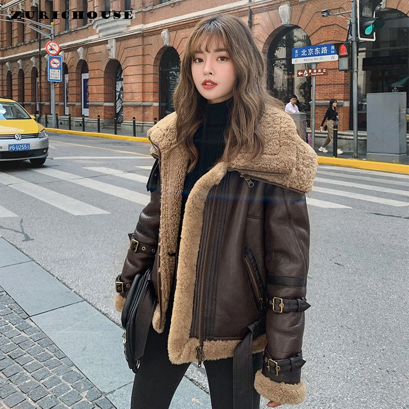 ZURICHOUSE Genuine Leather Winter Jacket Women Short Removable Collar Lambswool Coat 2024 Fashion High Quality Real Fur Jacket