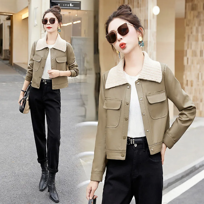 Short leather jacket for women in spring 2024, new fashionable lapel, small stature design, sheep leather jacket top