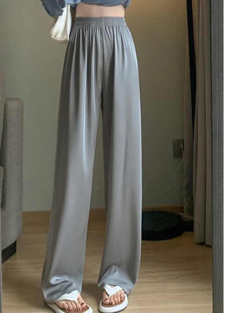 Women\'s Clothing Long Pants Summer Wide Leg Pants Solid Color Loose Straight Tube Casual High Waisted Trousers Korean Style