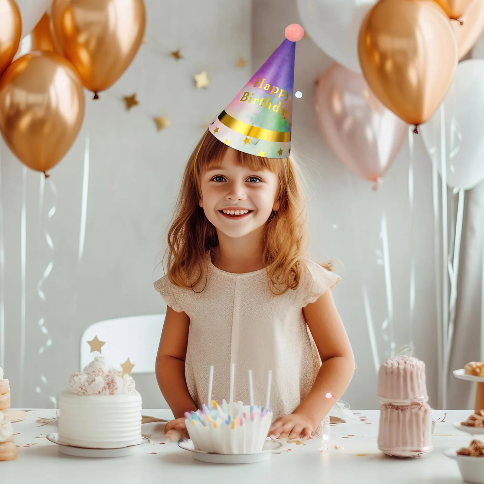 

8Pcs Kids Party Hats Birthday Headwear Delicate Color Scheme Strong Paper Construction Fun Decoration for Birthday Celebration