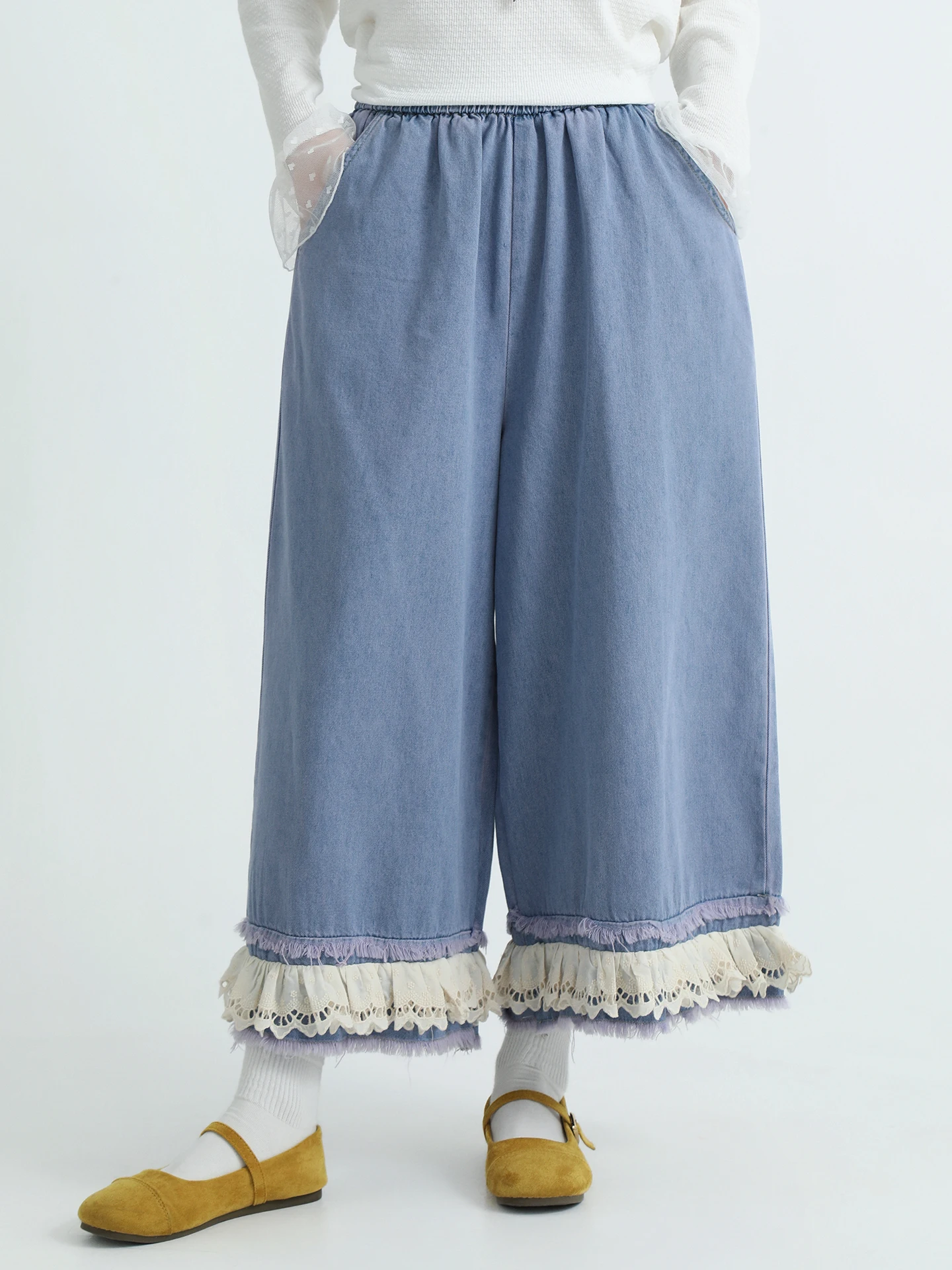 

Bouren Lace Trimmed Ruffle Splicing Denim Jeans Women's Fashion Trendy Spring Cotton Straight Leg Elastic Waist Pants