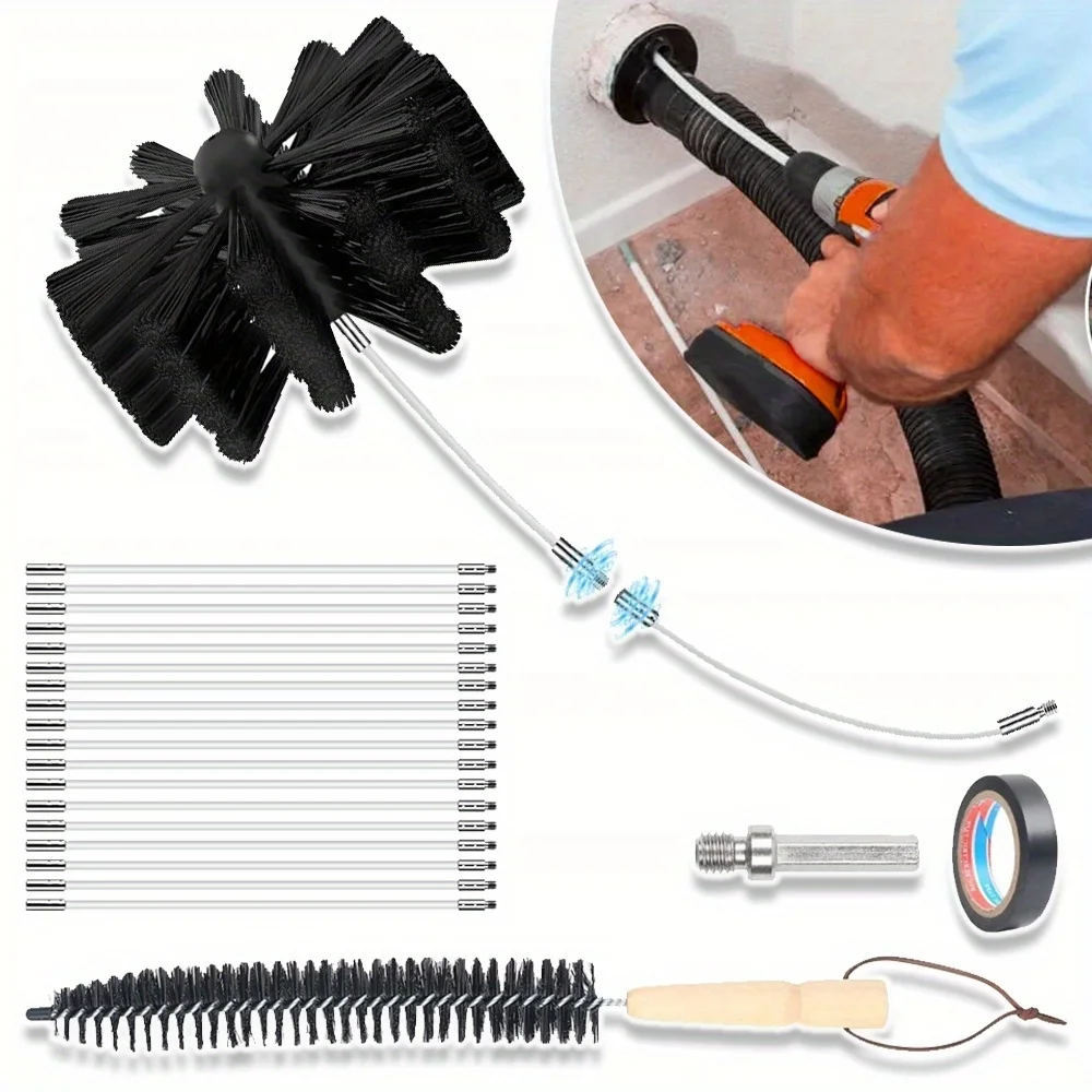 Kit de 24 brosses de nettoyage de cheminée avec 18 tiges flexibles en nylon de 41 cm et 2 têtes de brosse, kit de brosses pour cheminée, brosse de nettoyage de conduit de sèche-linge, brosse de nettoyage de poêle à bois