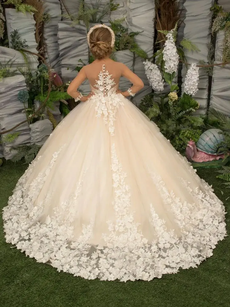 Vestidos de princesa de encaje con flores color champán para niña, mangas transparentes, apliques, vestidos largos para niña, vestido Formal de fiesta de cumpleaños y comunión