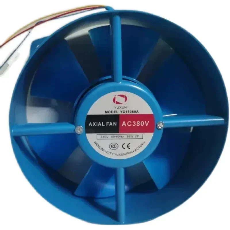 for YUXUN YX15050A Axial Flow Fan 380V 38W 15cm Blue Light Capacitor Three Wire Positive Negative Cooling Fan