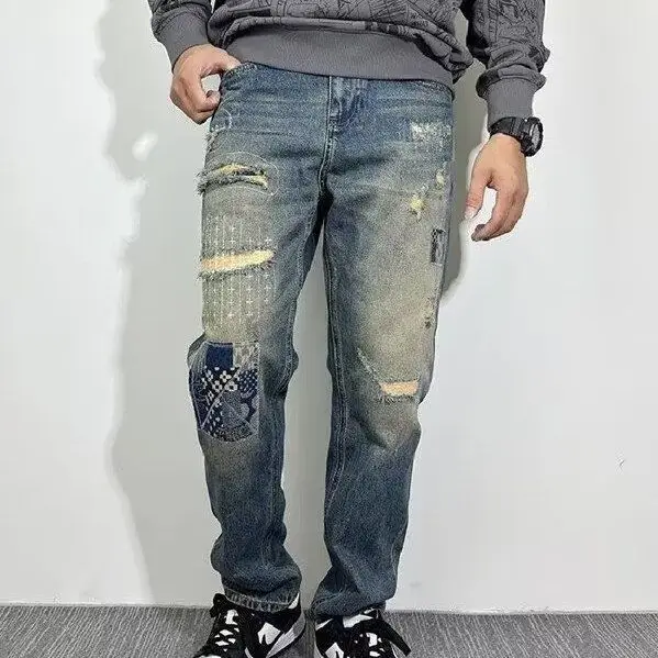 العصرية جينز رجالي فضفاض مستقيم مايكرو مخروط عالية الشارع هول التصحيح الراقية كاوبوي الربيع والخريف السراويل الأصلية الرجال