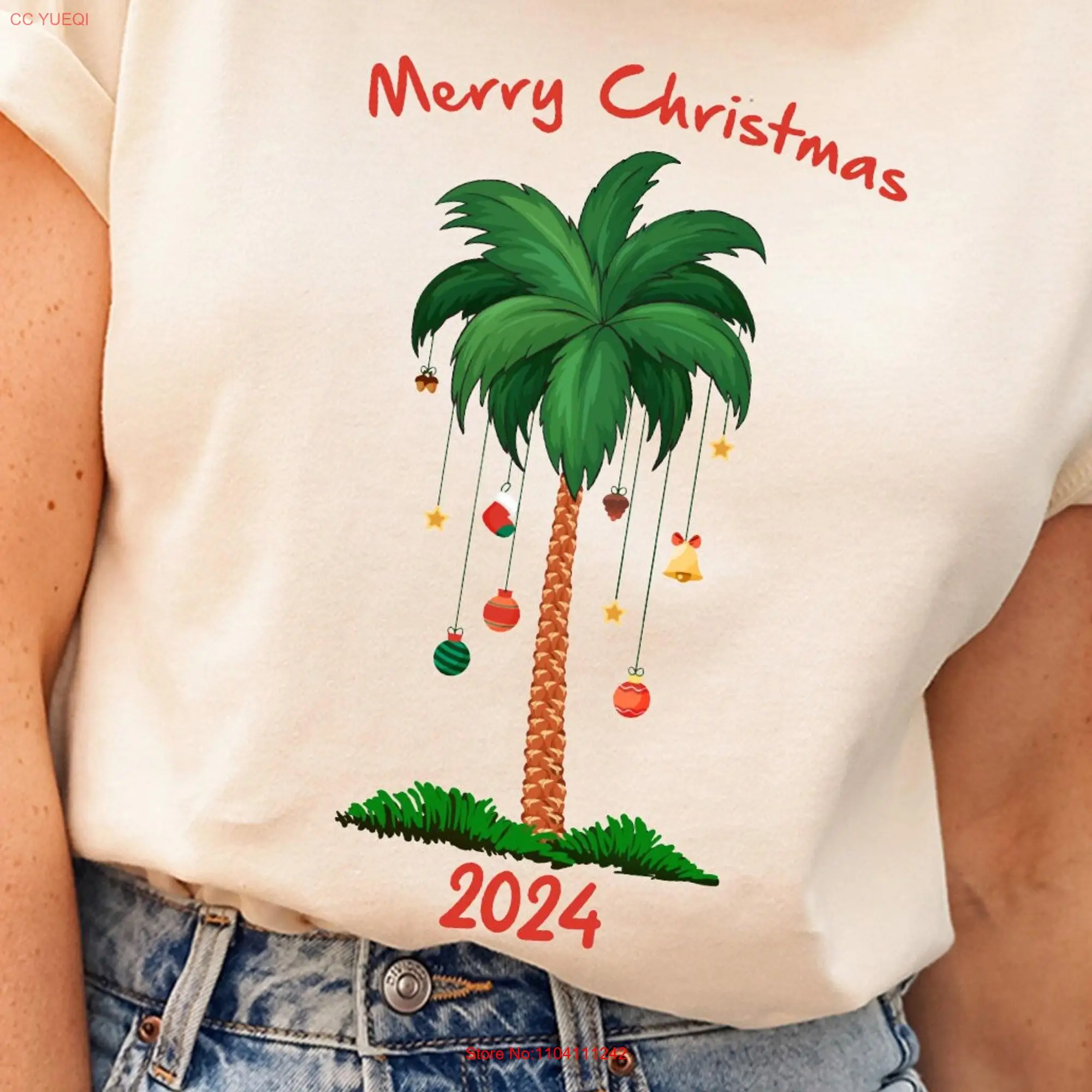 Benutzer definierte frohe Weihnachten am Strand tropische T-Shirt Weihnachten passende Palme Neujahr lange oder kurze Ärmel