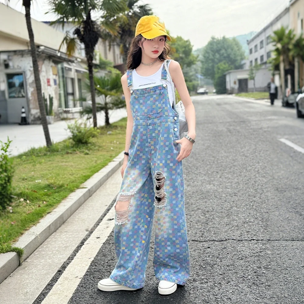 Spring Fall Teen Girls Painted Checkered ripped denim overalls pants junior kid Jumpsuits jeans child trousers clothes 4 -14 Y