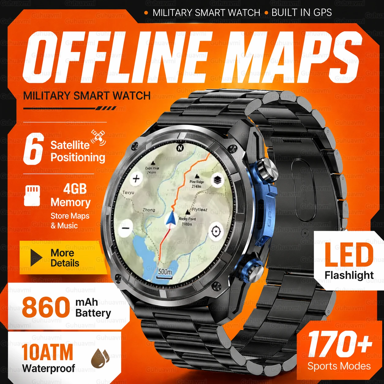2026 New GPS Smart Watch 6-Stars Satellite Positioning Offline Map 860mAh Battery Compass 10ATM Waterproof Swimming Smart Watch