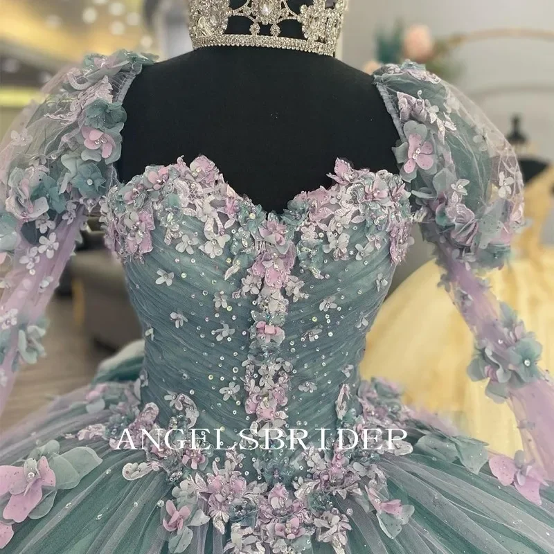 Vestido de quinceañera hecho a mano con flores 3D, verde claro, con lazo grande, hombros descubiertos, 15 Quinceañeras